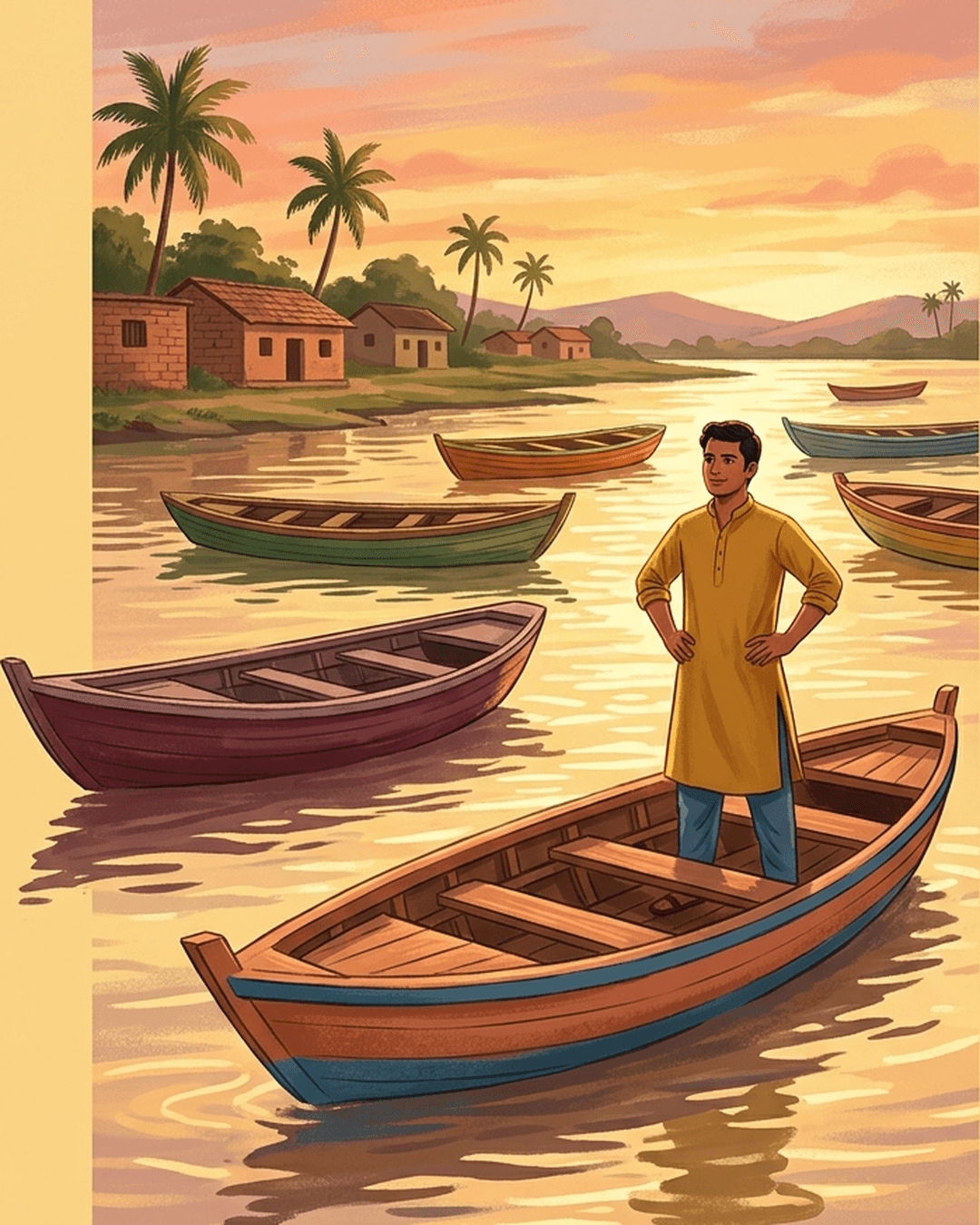 An illustration of multiple colorful wooden rowboats floating on a rising river, with a man standing proudly on one boat while all other empty boats rise to the same height.