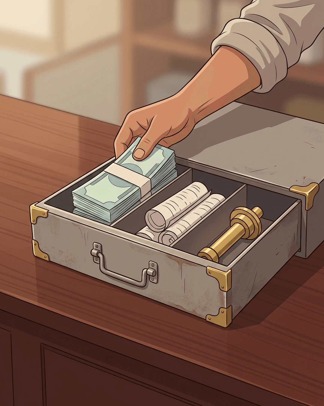 An open traditional Indian cash drawer showing three compartments: cash, customer credit slips, and a replacement machine part, as a hand picks up the cash.