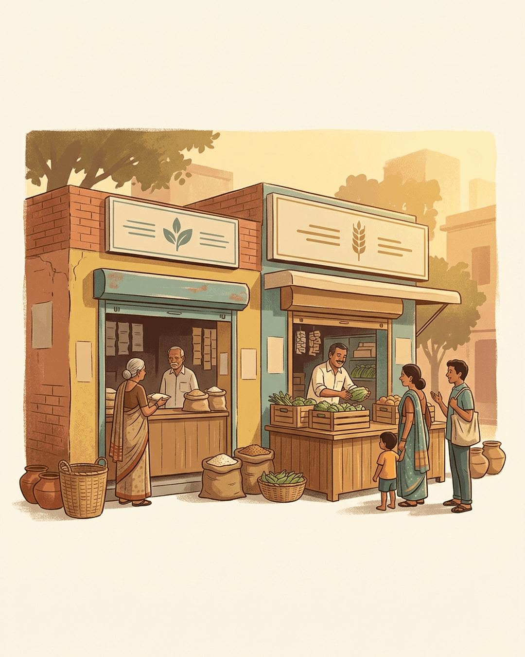 An editorial illustration of two neighboring Indian grocery stores: the left one is quiet with one customer, while the right one is expanding with a new counter and a busy line of customers.