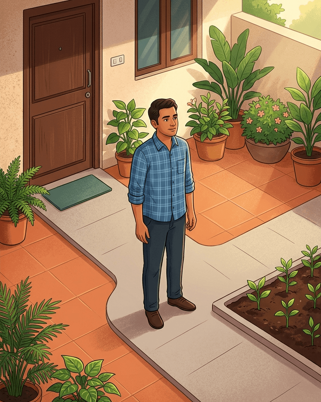 A homeowner standing at a fork in a courtyard pathway, choosing between a secure house door and a growing garden.