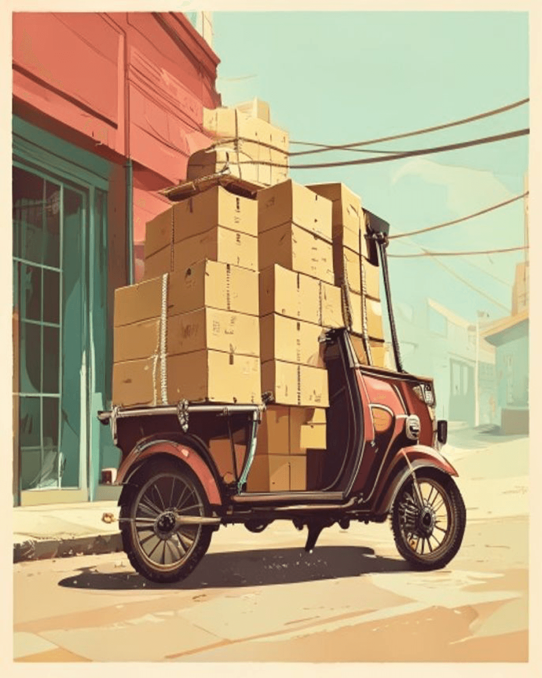 A cargo delivery tricycle parked on a sunlit Indian street, piled high with a towering, leaning stack of cardboard boxes tied with a rope, illustrating the risk of overloading before hitting a bump.