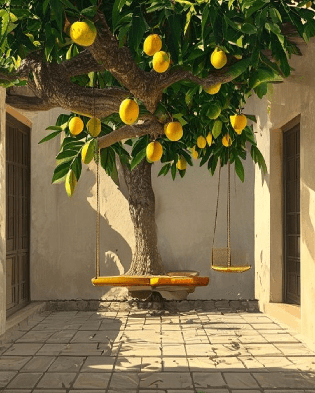 A warm editorial illustration of a mature, fruit-laden mango tree casting shade over a courtyard swing, with a tiny new sapling growing in a terracotta pot nearby.