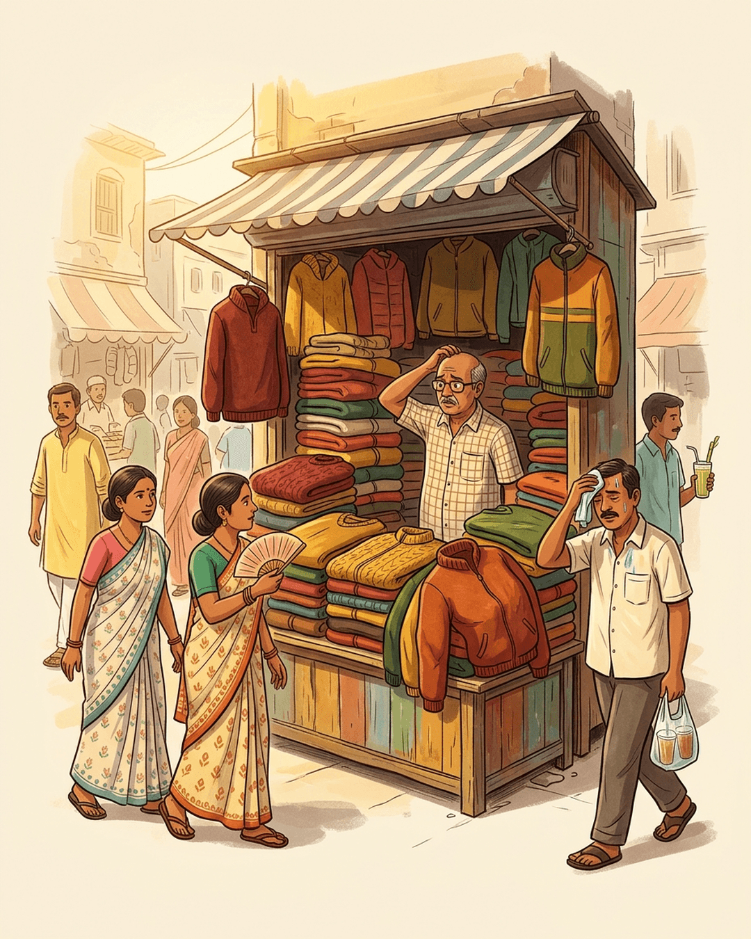 An Indian shopkeeper stands next to piles of unsold winter sweaters in his stall under a bright, hot sunny day, while people in light summer clothes walk past.