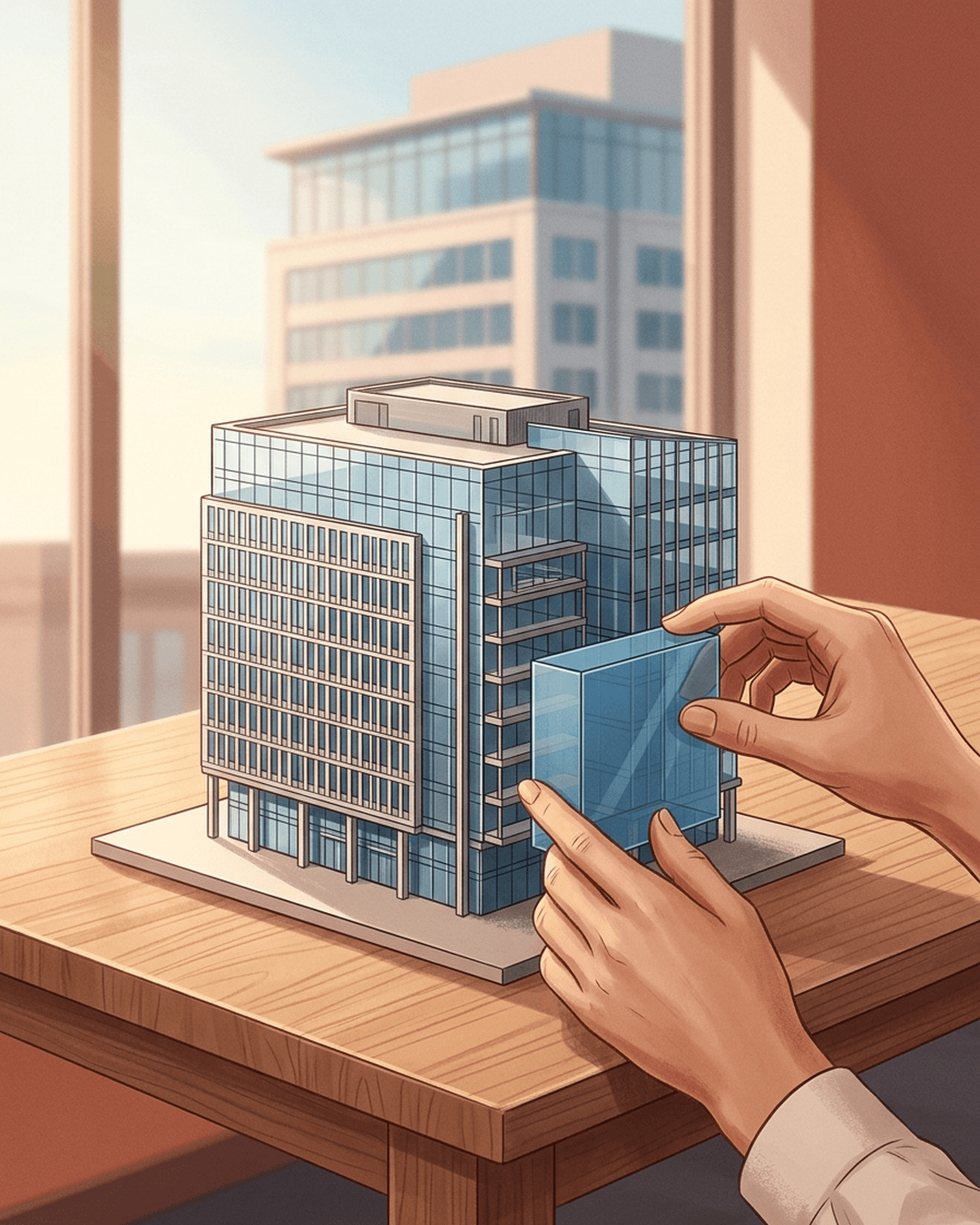 An illustration of hands placing a small piece into a miniature model of a modern office building, with a real office building visible through the window.