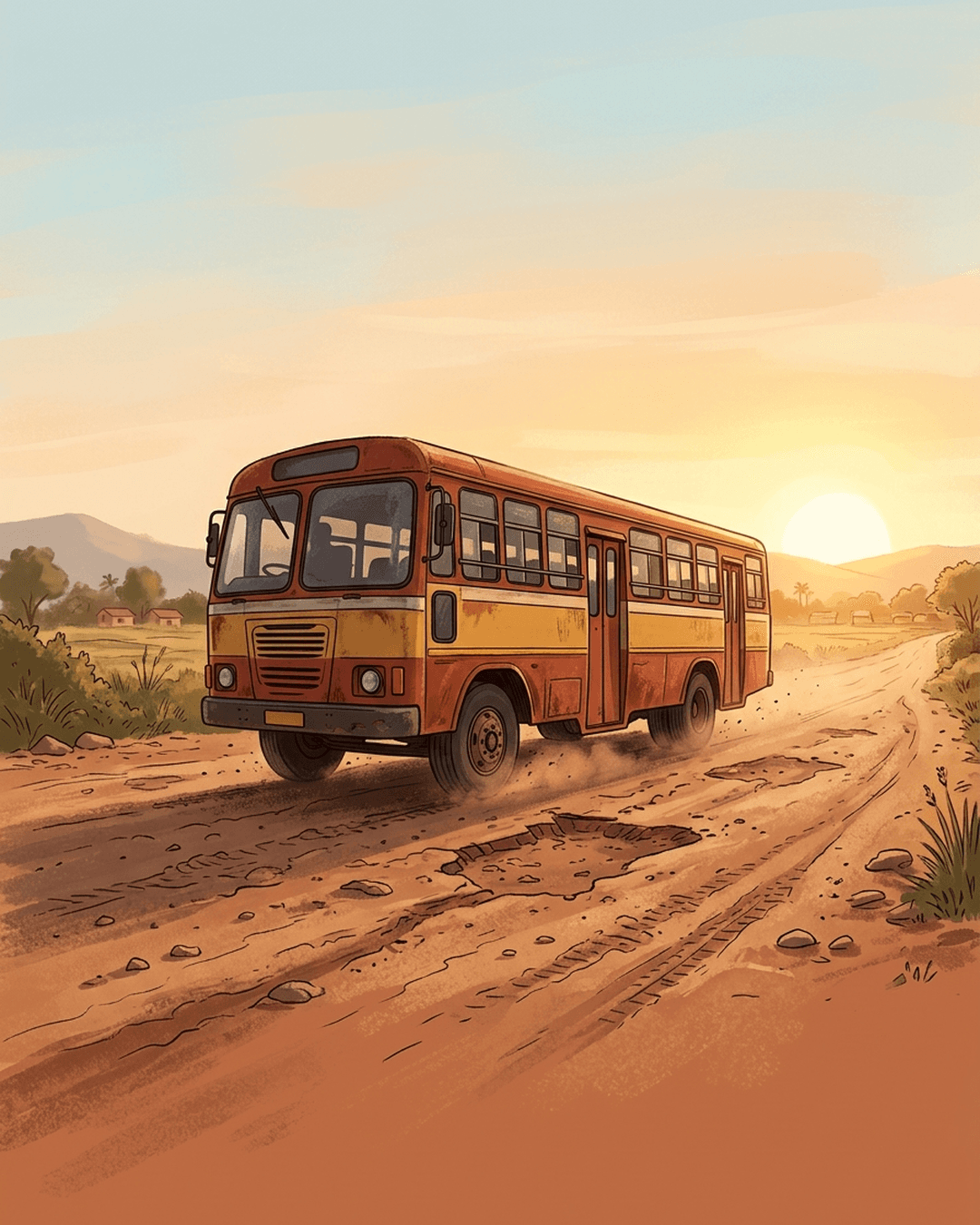 An illustration of a sturdy red and yellow bus driving on a bumpy, potholed road, dust kicking up around the tires under a warm sky.