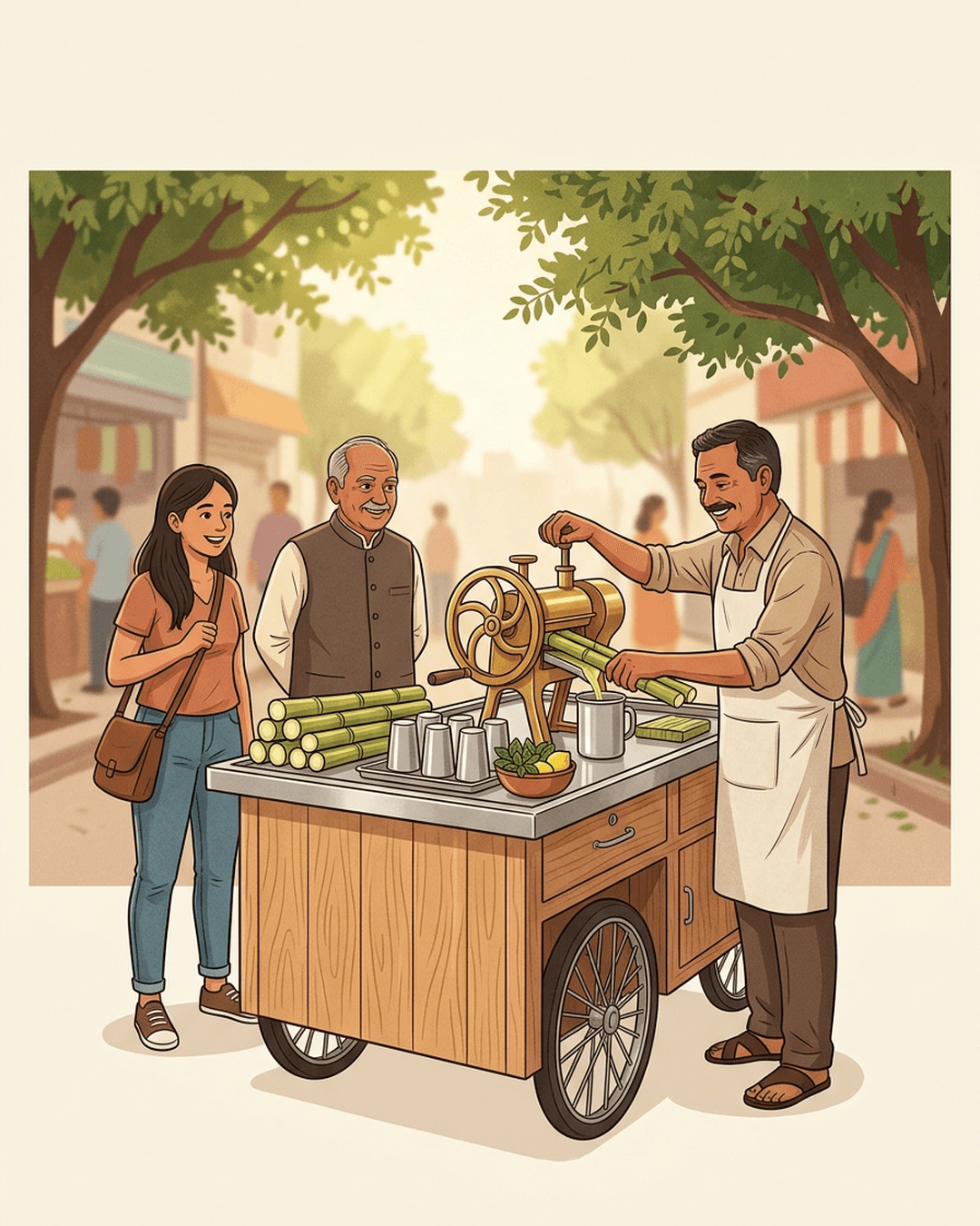 A clean, modern sugarcane juice cart on an Indian street. A cheerful vendor uses a simple manual press to serve fresh juice to smiling customers.