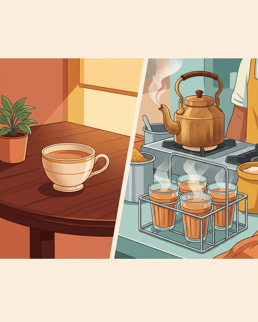 A side-by-side comparison of a quiet premium café with a single cup of tea, and a busy street tea stall with a rack of multiple small glass cups.