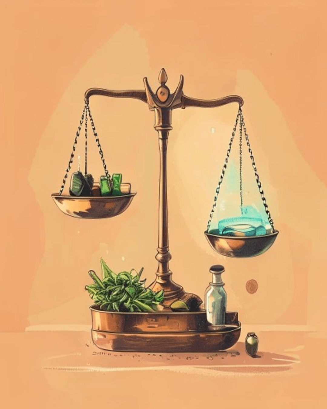 A classic brass balancing scale tilted slightly, with imported goods like a phone and oil drum on one side, and exports like medicine and crops on the other.
