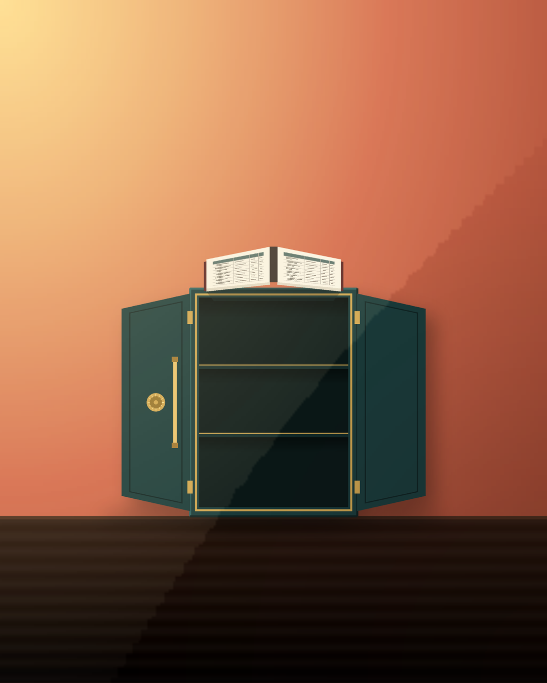 An open, empty steel safe sitting on a desk with a ledger book full of mock entries resting on top, showing the contrast between paper profits and empty vaults.