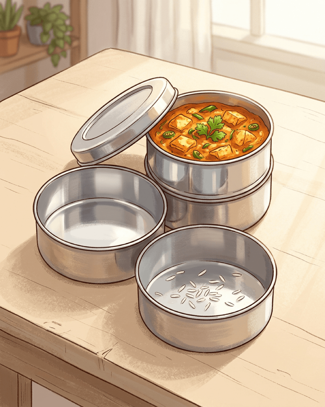 A three-tiered stainless steel Indian tiffin box on a wooden table, unstacked to show the top tier full of rich curry, the middle tier completely empty, and the bottom tier containing only a few grains of rice.