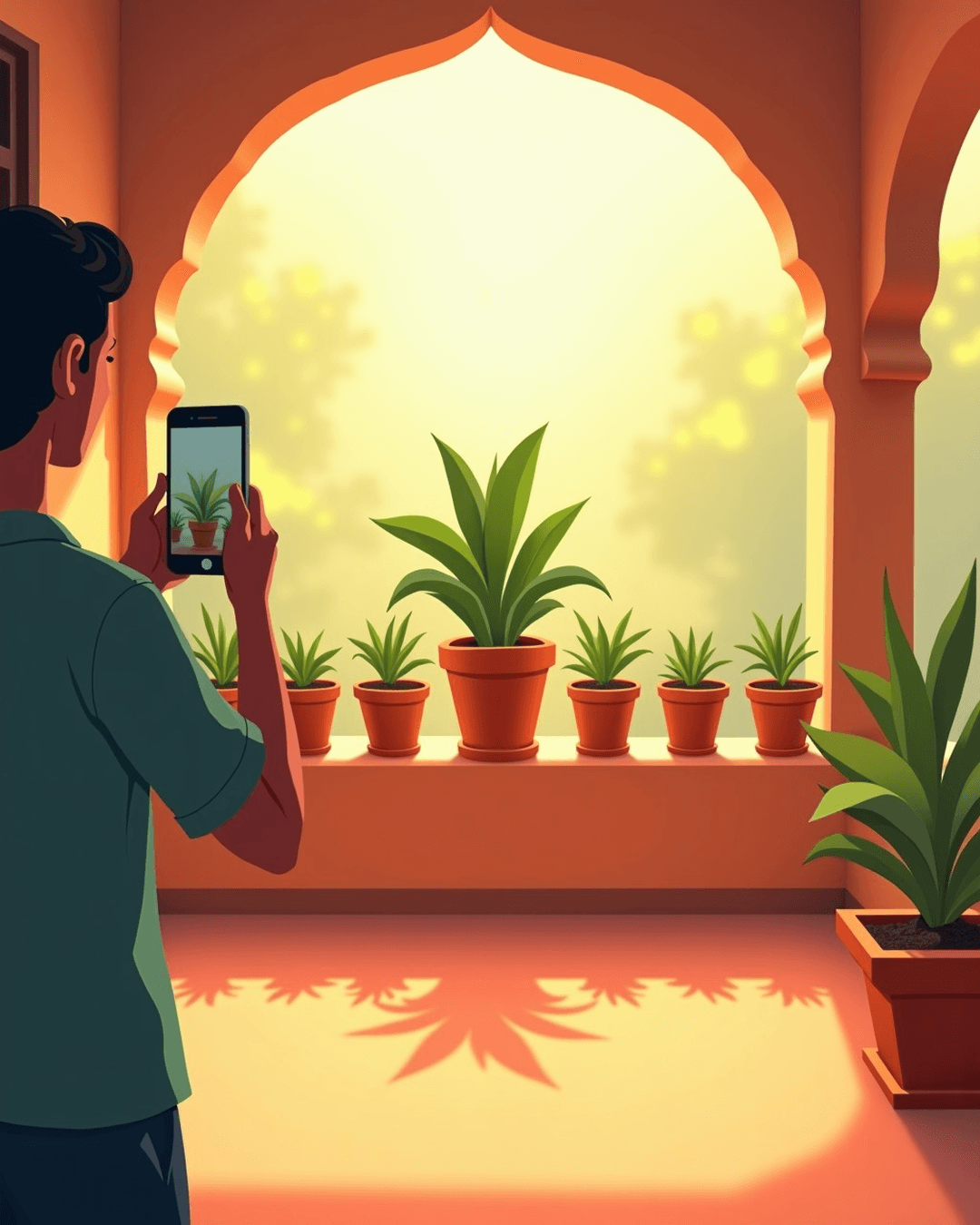 A person taking a photo of a single blooming green plant on a phone, while several empty pots stand dry in the background.