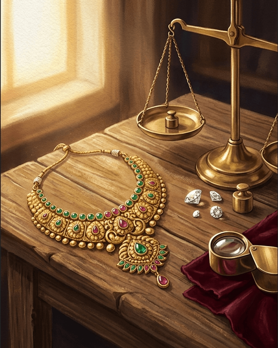 A traditional Indian gold necklace with red and green gemstones lying next to a brass balance scale on a jeweler's wooden desk.