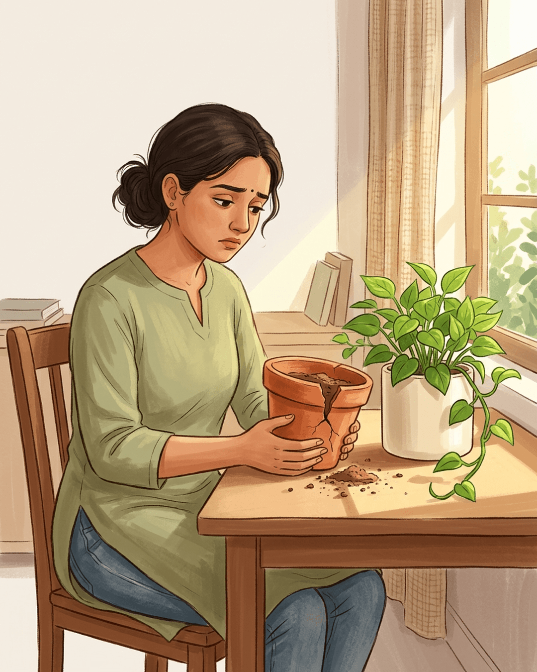 An illustration of a person holding a cracked, empty clay pot, while a healthy green plant grows in a neat pot next to it.