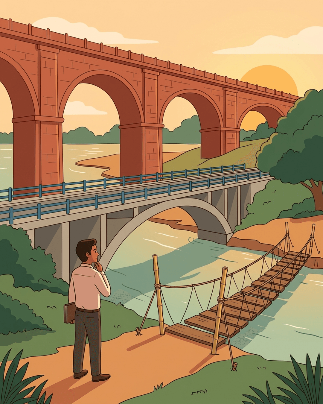 An illustration of an Indian traveler standing at a riverbank, choosing between three bridges of varying stability: a massive stone bridge, a concrete bridge, and a narrow wooden plank bridge.