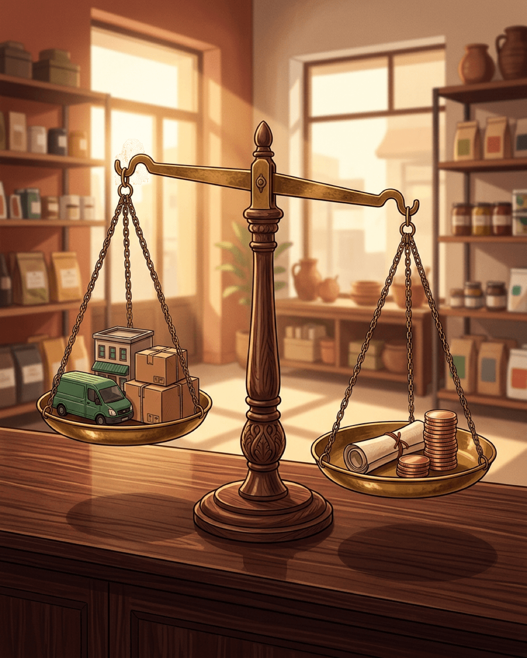 A balanced brass scale on a wooden shop counter. The left pan holds miniature assets like a delivery van and stock boxes; the right pan holds a scroll and coins representing debt and owner capital.