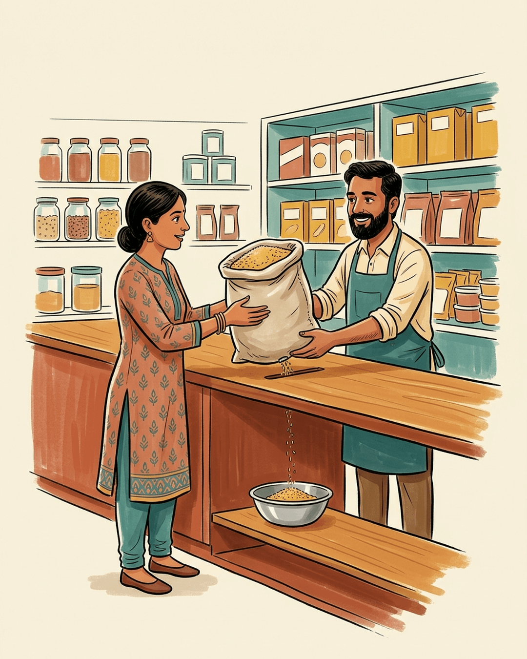 An editorial illustration of a customer receiving a sack of grain at a shop, with a hidden trickle of grains falling through a slot in the counter into the shopkeeper's bowl.