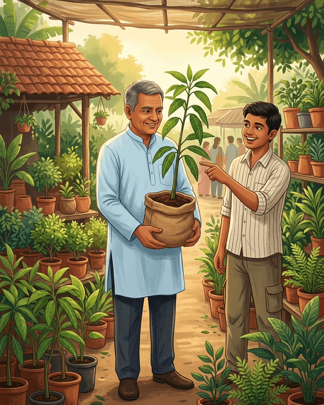A middle-aged Indian man carefully holds a young mango sapling with soil wrapped in a jute bag at a sunlit plant nursery, representing value investing and patience.