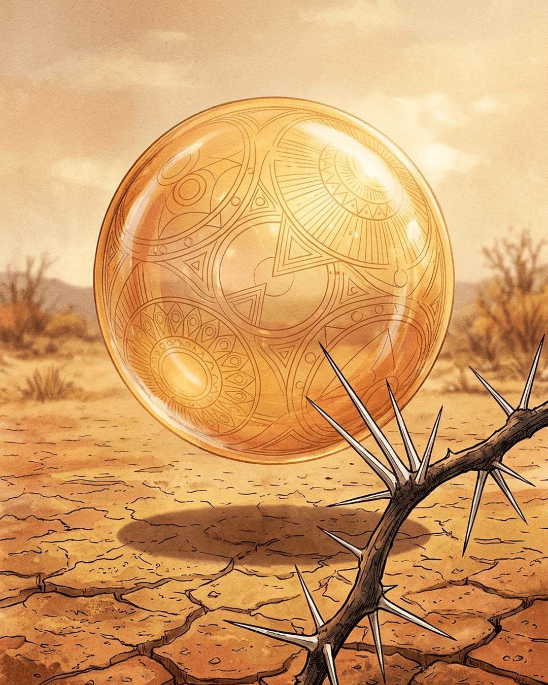 A delicate, glowing golden bubble resembling an abstract coin floats in the air, hovering close to the sharp thorns of an acacia branch over dry ground.