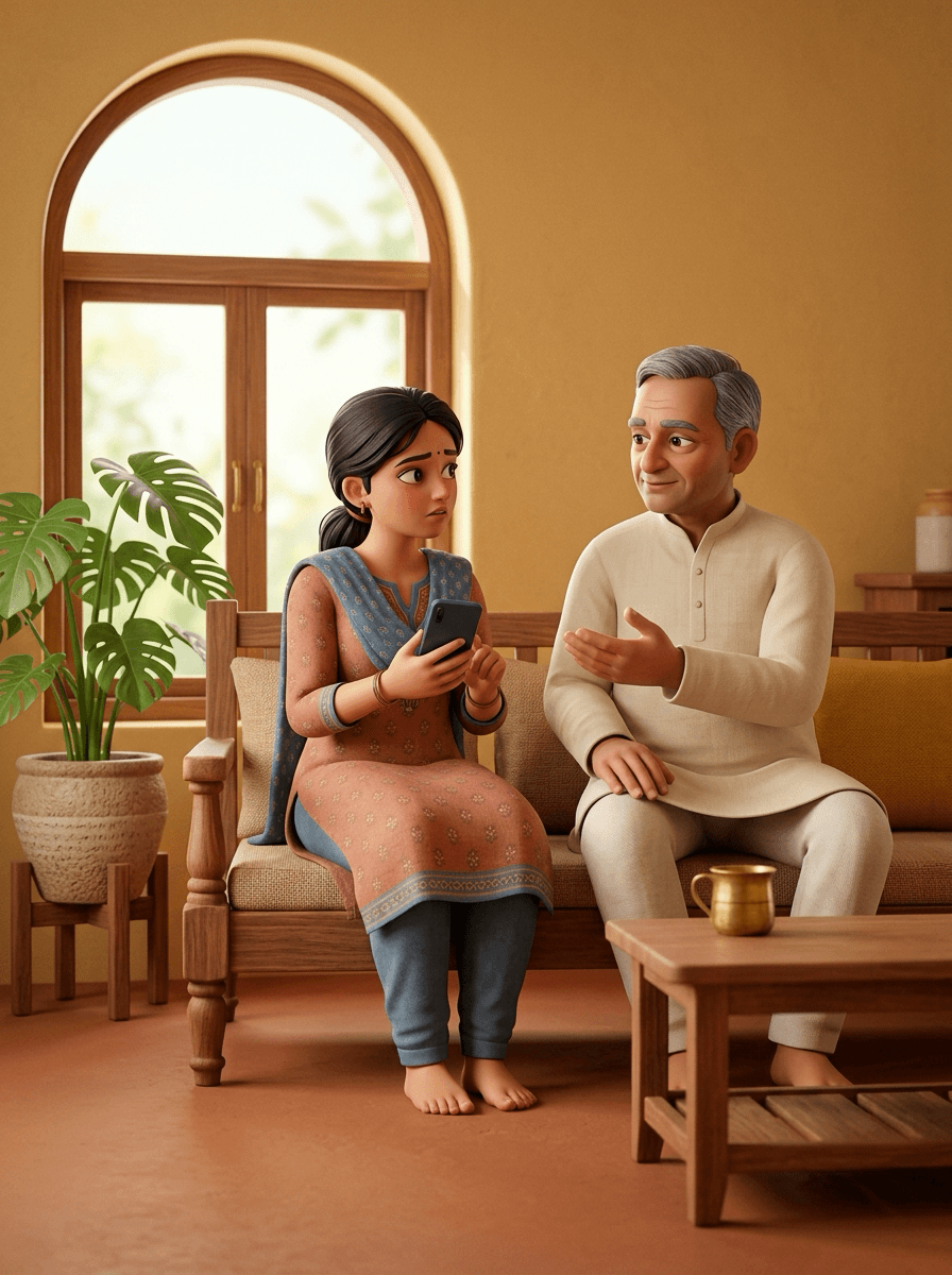 A young Indian woman looks anxiously at her phone while her father sitting next to her calmly gestures to take a deep breath in a warm, sunlit living room.