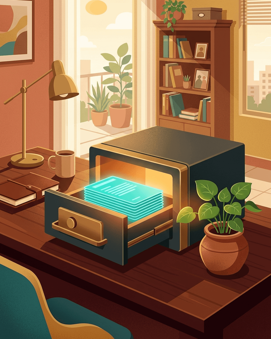 A clean illustration of a modern digital safety drawer glowing with secure electronic files inside a warm Indian home.