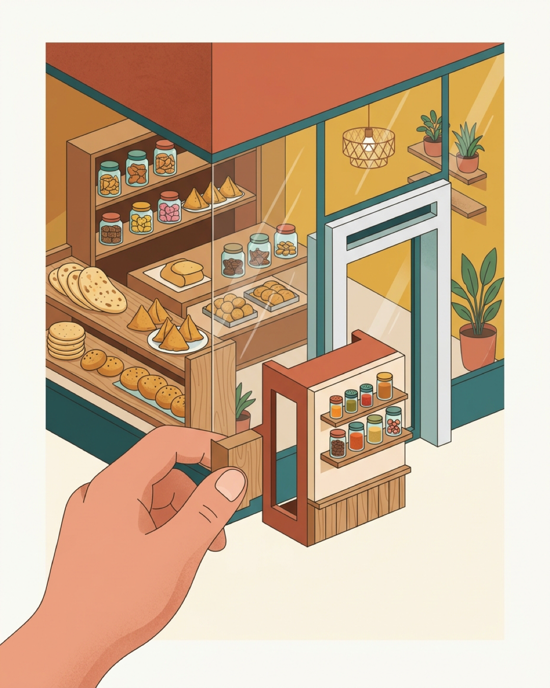 A hand holding a small modular section of a clean, bright Indian grocery store, showing how it fits perfectly into the main shop building.