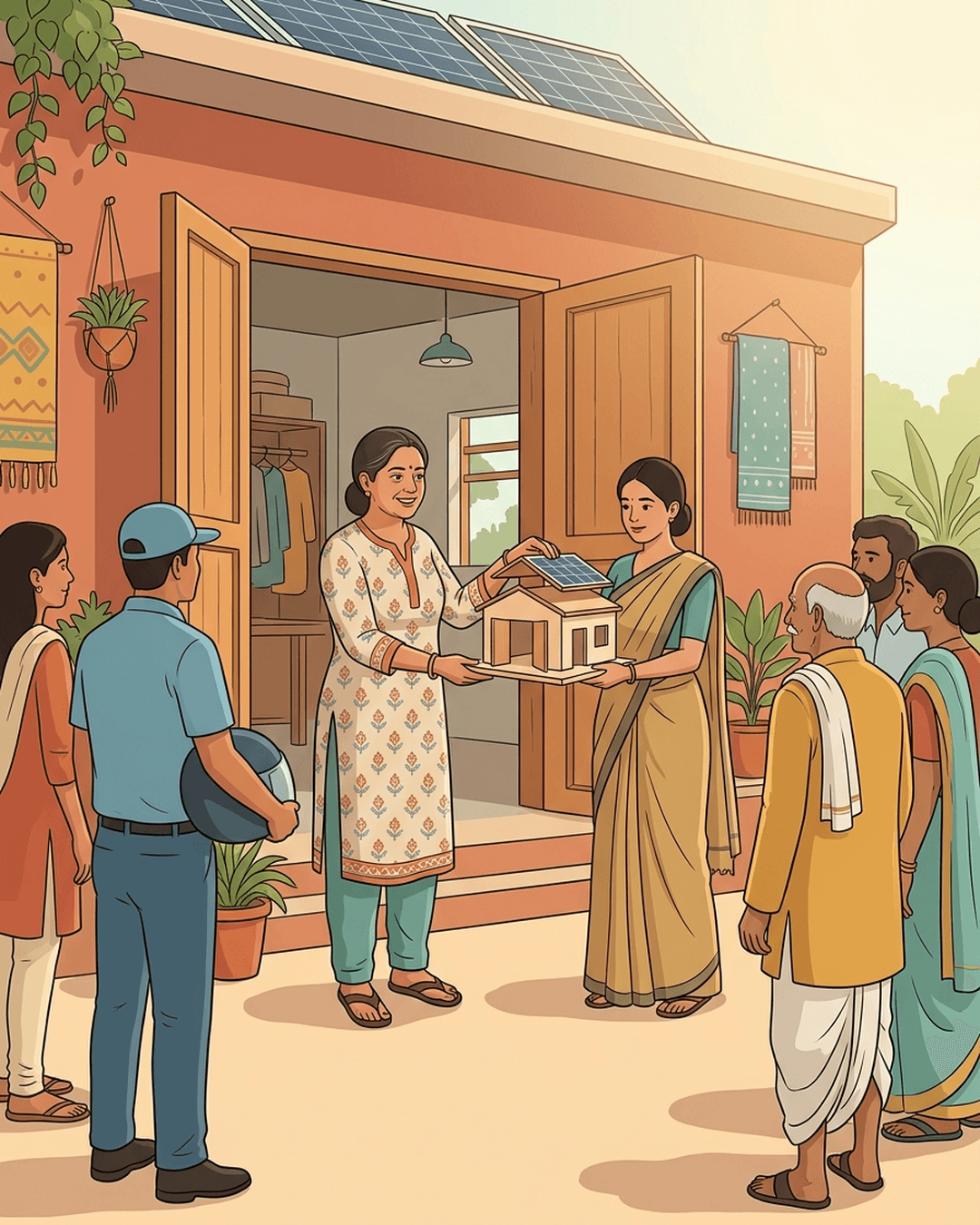 A friendly Indian business owner welcomes a diverse group of everyday citizens at the open entrance of his workshop, jointly holding a wooden model of the building.